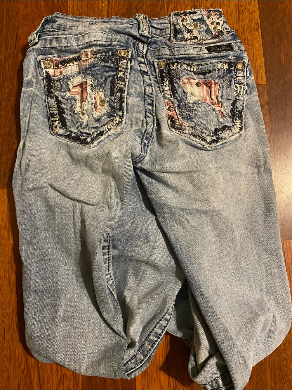 Miss Me Light Blue Distressed Boot Cut Jeans with Patchwork
